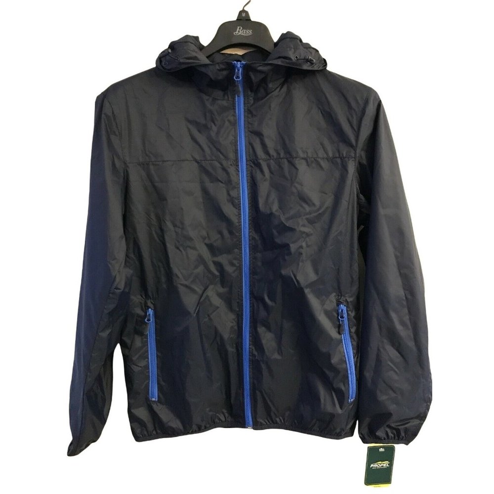 NWT G.H. BASS Men's Raincoat MEDIUM Navy Blue Windproof Packable Hood